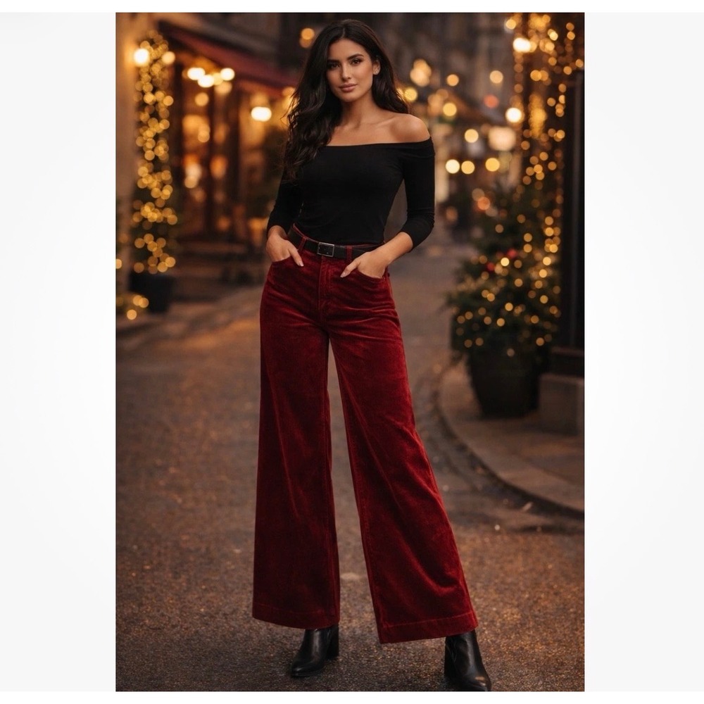 NEW Dear John 25 Audrey Wide Leg Ankle Crop Red Velvet Pants Holiday Festive